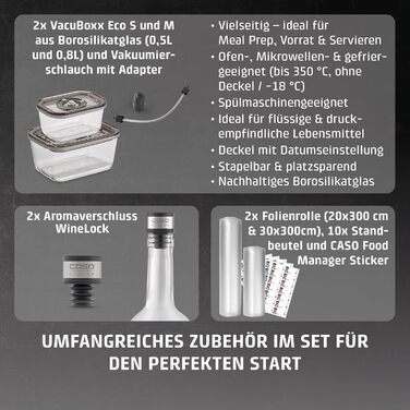 Вакууматор CASO VRH 800 Advanced Pro для продуктів та рідин, насос 20 л/хв, подвійний шов 30 см, корпус із нержавіючої сталі, комплект з пакетами та контейнерами