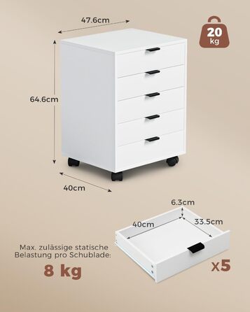 Шафа-тумбочка ELUCHANG з 5 висувними ящиками, мобільна, для офісу та дому, біла