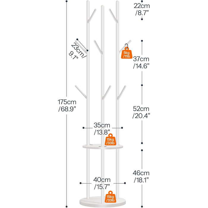 HOOBRO Стійка для одягу, підлого стояння, у вигляді дерева з 8 гачками та 2 круглими полицями, для одягу, капелюхів, сумок, вітальні, спальні, офісу, темно-коричневий/чорний