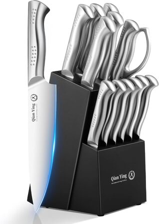 Набір кухонних ножів 14 предметів у блоці: кухонні ножі, ніж кухарський, шліфувальник, подарунок мамі. Білий набір ножів