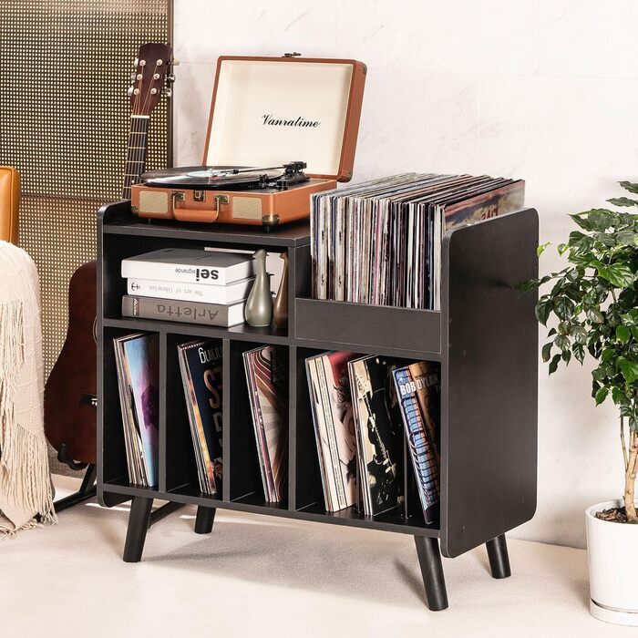 Стіл для програвача, стійка для програвача середини століття з місцем для зберігання вінілу (до 350+ платівок), шафа для вінілових платівок з регульованими полицями (Чорний)