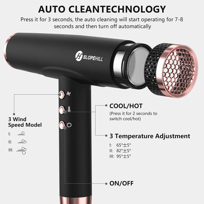 Іонний фен для волосся Slopehill з безщітковим двигуном 110,000 RPM, біокерамічний технологічний обдув, магнітний дифузор, низький рівень шуму, матовий чорний