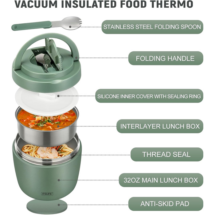 Термоконтейнер для їжі Itslife 970 мл, термоконтейнер з кришкою, з нержавіючої сталі з ложкою, термотермос для їжі, термоланчбокс для супів, дитячого харчування, каші (зелений)