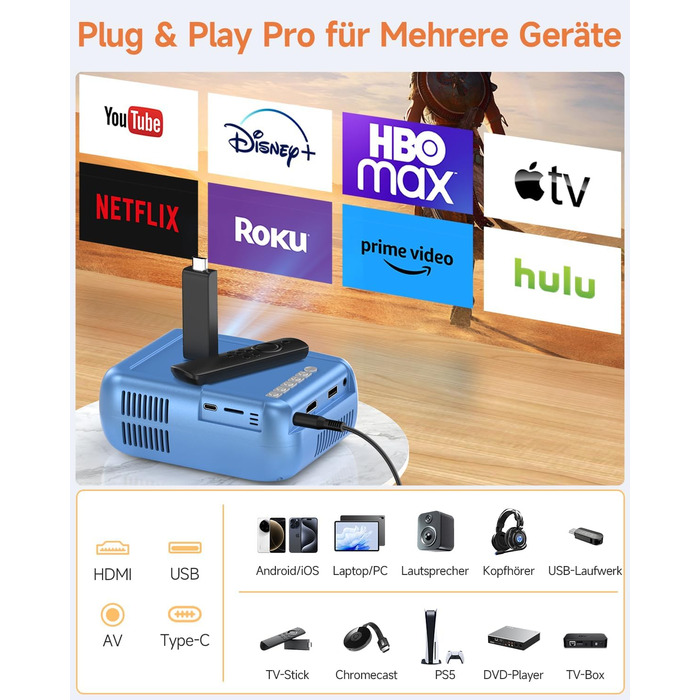 Mini Beamer Bluetooth WiFi: Портативний проєктор 1080P для телефону iPhone/Android, домашній/зовнішній, сумісний з USB/HDMI/Fire Stick/PS5