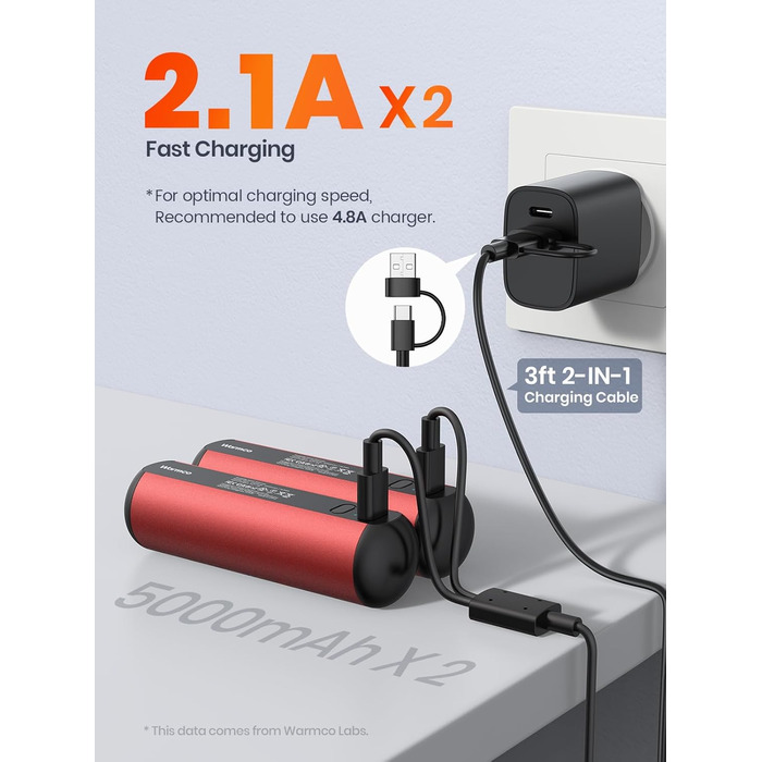 Електричні грілки для рук Warmco 2 шт, 10000 mAh, багаторазові, 3 режими нагріву, Powerbank, Червоний