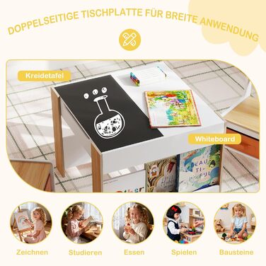 Детский стол со стульями COSTWAY 3 в 1, деревянный стол для рисования с ящиком, комплект детской мебели для детей от 3 лет, столешница с покрытием (Натуральный, Комбинированный)