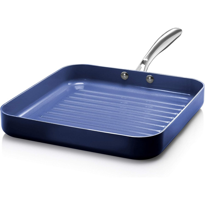 Сковорода-гриль Granitestone Blue з антипригарним покриттям, 26.7 см, з алмазною інфузією, канавки для зливу жиру, не нагрівається, ручка з нержавіючої сталі, придатна для духовки та мийки, 100% PFOA-free