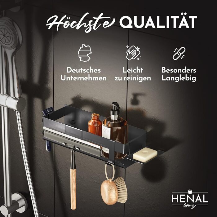 Набір для зберігання в душі Henal 5 в 1: поличка, тримач для бритви, скребок для скла, мильниця та гачки. Організатор для ванної кімнати XXL, не потребує свердління, з нержавіючої сталі, матовий чорний