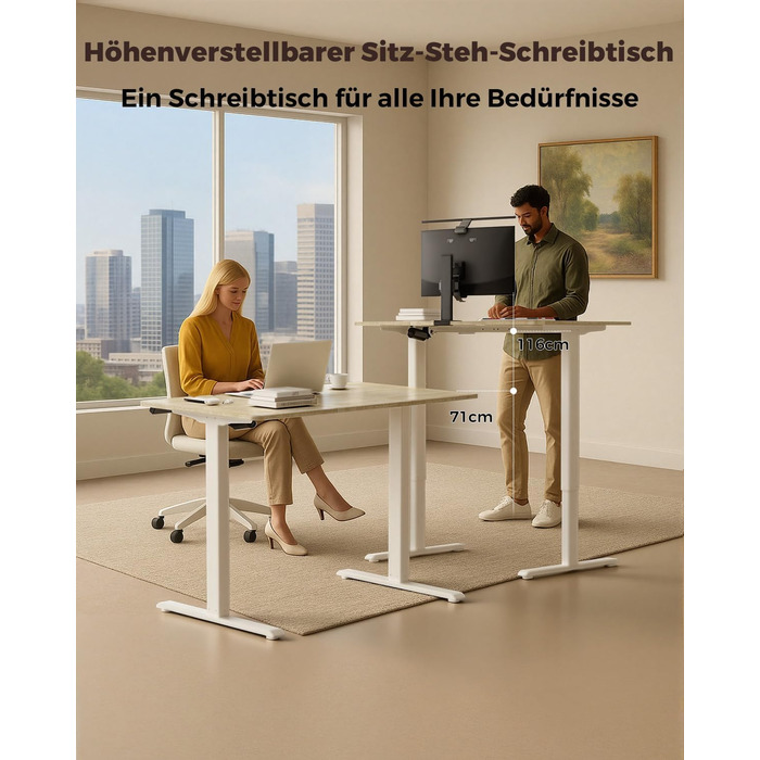 Регульований по висоті письмовий стіл для дому та офісу з пам'яттю на 2 пресети, стіл для ігор та роботи, колір вінтажний коричневий (100 x 60 см)