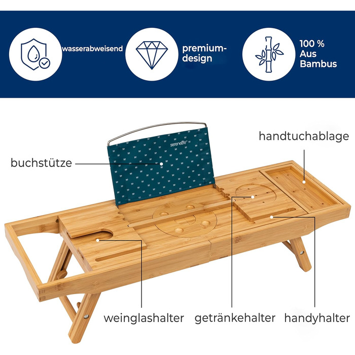 Сервірувальне піднос SereneLife 2-в-1 для ванни та ліжка – бамбуковий, складаний, регульований за розміром, вологостійкий, з жорсткою та м'якою задньою частиною, подарунковий набір