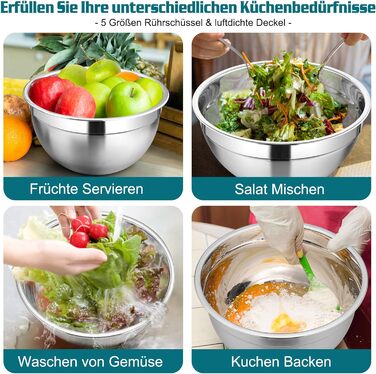 Набір мисок Homikit, 5 шт. з нержавіючої сталі, з кришкою та силіконовим дном, мультифункціональний, для салатів, 6.6L / 3.5L / 2.5L / 1.5L / 1L (блакитний, з 3 тертками)