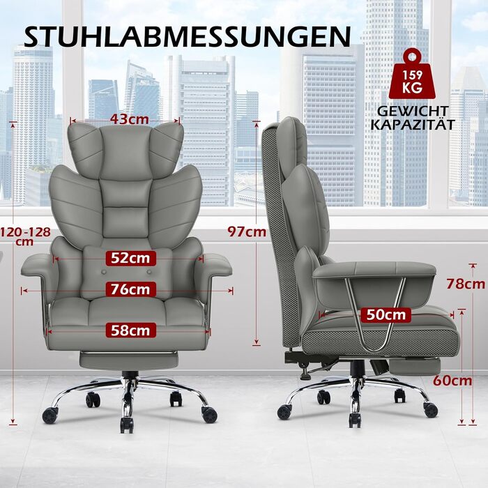 Офісний крісло NaspaLuro з підставкою для ніг, ергономічне, з підтримкою попереку, з високою спинкою, для дому та офісу, сірий, 77x66x134 см