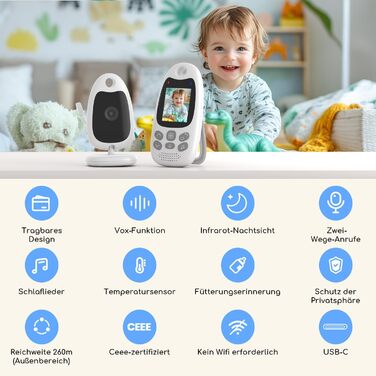 Радіоняня BOIFUN з камерою, відео, нічним баченням, датчиком температури та двостороннім зв'язком - перезаряджувана