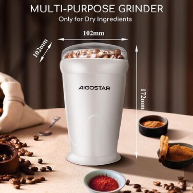 Кавомолка електрична Aigostar для кави, спецій та горіхів, нержавіюча сталь, 60г, 200 Вт, біла