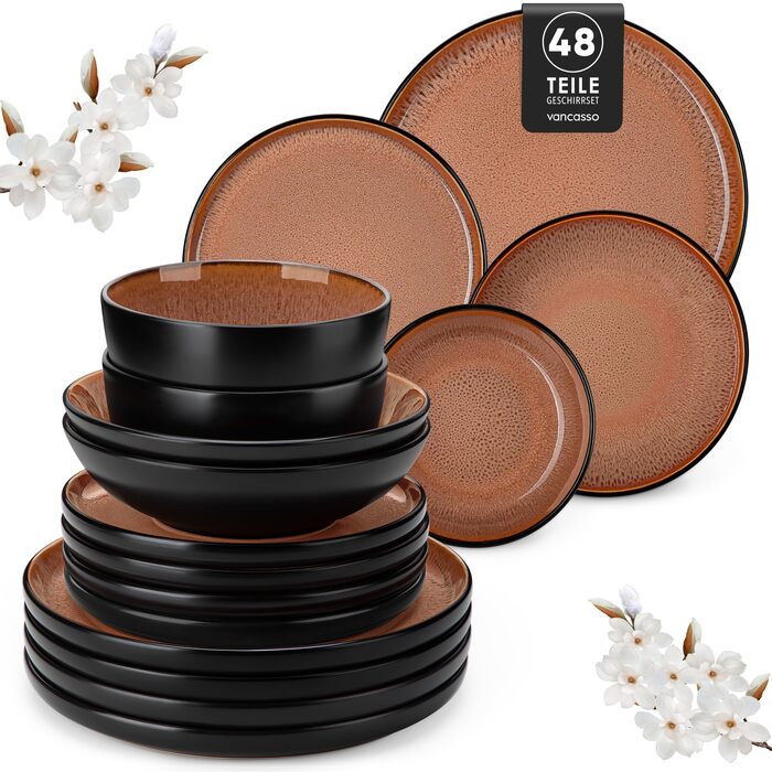 Набір посуду Vancasso AMBER 12 осіб, 48 предметів: тарілки обідні, десертні, супові, миски, червоний, реактивна глазур, для посудомийної машини