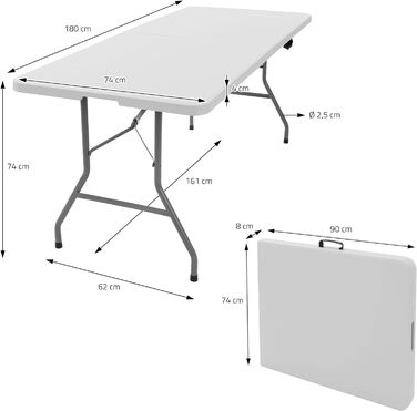 Стіл кемпінговий ML-Design складний 180x74 см пластиковий, розкладний стіл з ручкою для перенесення, відкидний стіл для садової тераси балкон, садовий стіл 6 персон, фуршет стіл для вечірок стіл валіза стіл блошиний ринок стіл (білий)