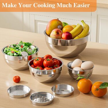 Набір місок для перемішування з кришками, 9 шт., з нержавіючої сталі, з 3 тертками, для зберігання продуктів, кухонний органайзер, міски для перемішування, великий розмір 4.5, 3.5, 2.1, 1.5, 1.1, 0.7 л