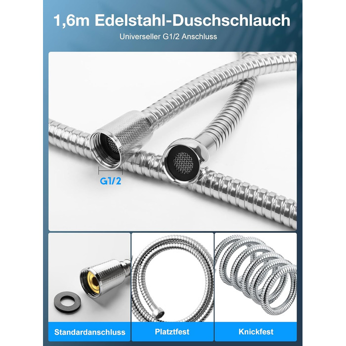 Душова лійка з шлангом YEAUPE PRO, 1,6 м, водозберігаюча, фільтр, 6 режимів, 130 мм, хром