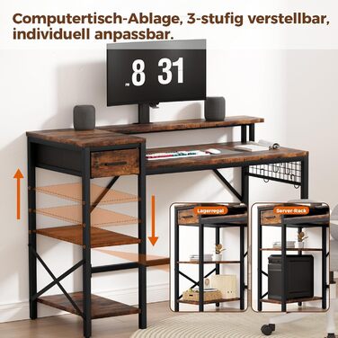 Ігровий стіл Oak & Tea 120x52 см з ящиками, регульованою полицею та тримачем для монітора – для навчання, ігор, роботи та дому. Колір: коричневий та чорний (вінтажний).