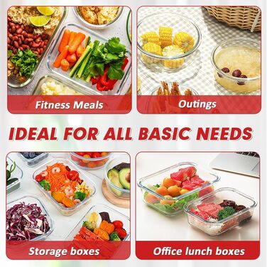 Набір контейнерів Verones 24 шт. з кришками, повітріобіг, скляні ланч-бокси, для зберігання, миття в посудомийній машині, (червоний/для подорожей, однотонний)