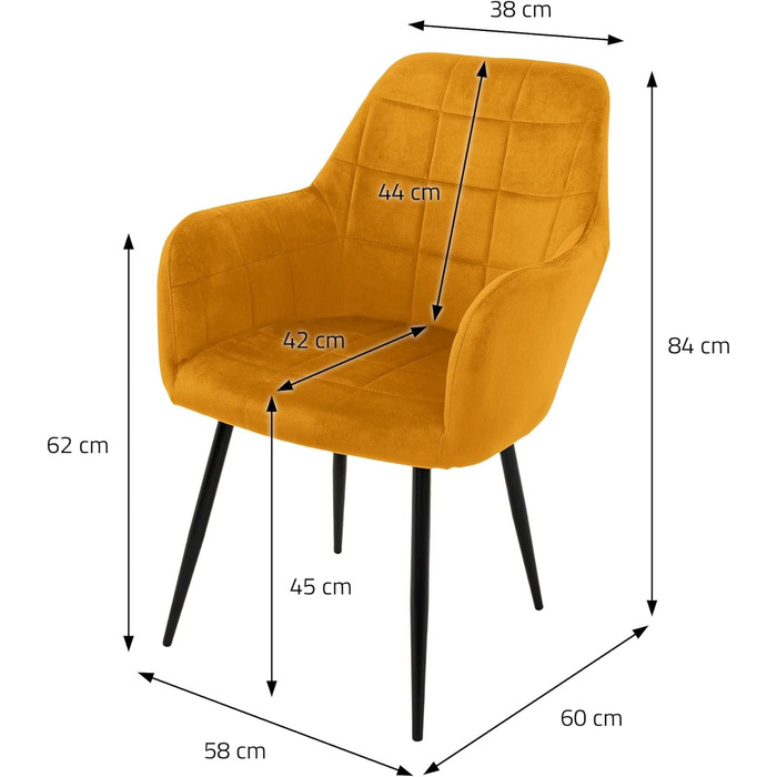 ECD Germany Комплект обідніх крісел (6 шт) з підлокітниками та спинкою, м'яке оксамитове покриття, металеві ніжки, ергономічні крісла для їдальні та вітальні, колір охра