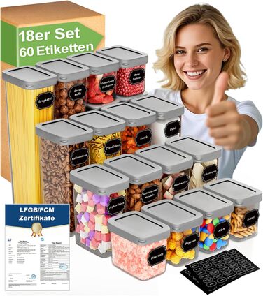 Набір контейнерів для зберігання продуктів 18 шт. з кришкою, герметичні, для кухні, антрацит (до 2,5л)