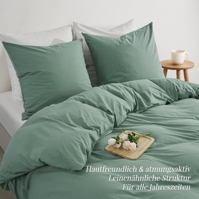 Бетлінова постільна ковдра 200x220 з бавовни, бежевого кольору, супер м'яка, 100% бавовна, попередньо випрана, з льоноподібною текстурою, сертифікат ÖKO-TEX, комплект постільної білизни 200x220 + 2 наволочки 80x80 з блискавкою (200x220 см (3-piece), салатовий колір)