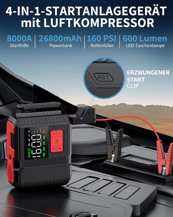 Портативний пусковий пристрій BRPOM з компресором та LED-ліхтарем, 26800mAh, 160PSI, сумісний з бензиновими та дизельними двигунами (до 12.0L)