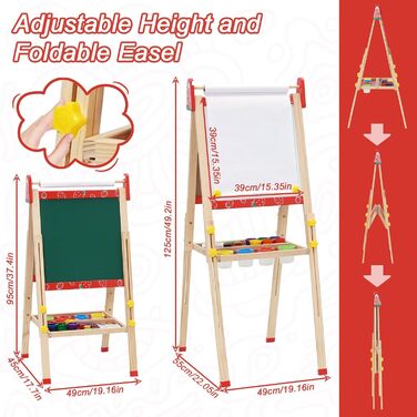 Дитяча мольберт Kinder Staffelei 3 в 1: регульована висота, подвійний бік, з рулоном паперу, 100+ аксесуарів для малювання, для дітей 3-8 років (червоний)