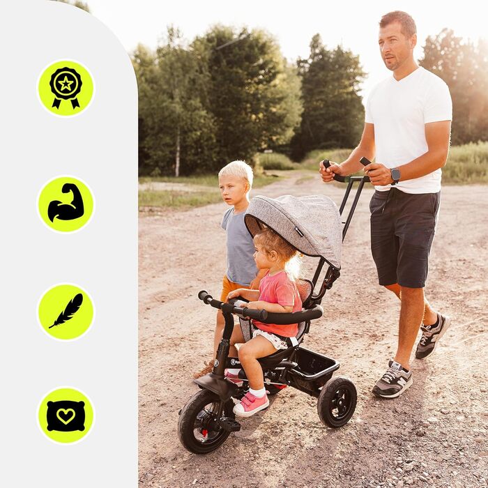 Триколісний велосипед HyperMotion з ручкою для батьків 3-в-1, сірий - для дітей від 1 до 4 років (до 20 кг)