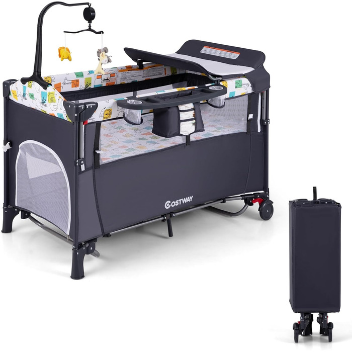 Дитяче ліжко-манеж COSTWAY 120x60 см з матрацом, пеленальним столиком, іграшками та музичною шкатулкою, сірий колір
