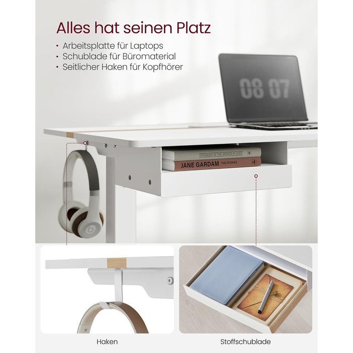 Електричний регульований стіл VASAGLE 120x60 см, білий + горіховий, з пам'яттю висоти, з розетками та ящиком