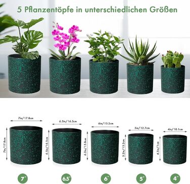 5шт горщиків для квітів з підставкою, 17.8/15.2/14/12.7/10.2см, пластикові горщики для рослин, гідропоніка, набір горщиків для дому та балкону, зелені з коричневим піддоном (7+6+5.5+5+4 дюйми)