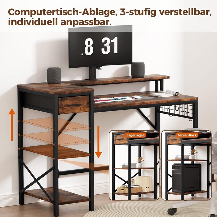 Ігровий стіл Oak & Tea 120x52 см з ящиками, регульованою полицею та тримачем для монітора – для навчання, ігор, роботи та дому. Колір: коричневий та чорний (вінтажний).