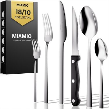 Набір столових приборів Miamio для 6 осіб (72 шт.) з нержавіючої сталі 18/10, сріблястого кольору, придатний для миття в посудомийній машині