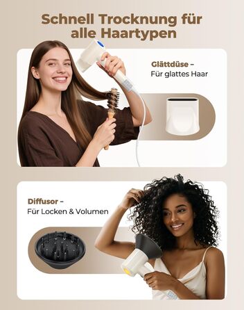 Іонний фен для волосся з дифузором, швидке сушіння 150 000 об/хв, 500 млн негативних іонів, 8 температурних режимів з LED-дисплеєм, для кучерявого та густого волосся, бежевий