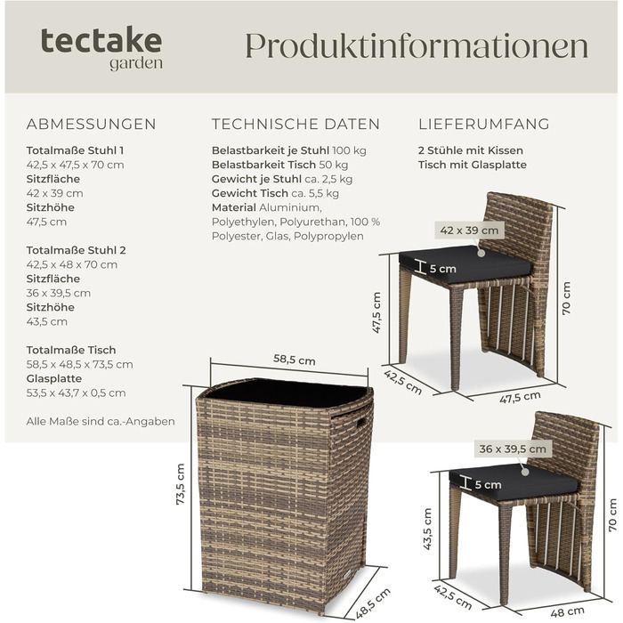 Набір бістро Tectake Poly Rattan, 2 стільці та стіл, група відпочинку на відкритому повітрі - сірий (натуральний No 403769)