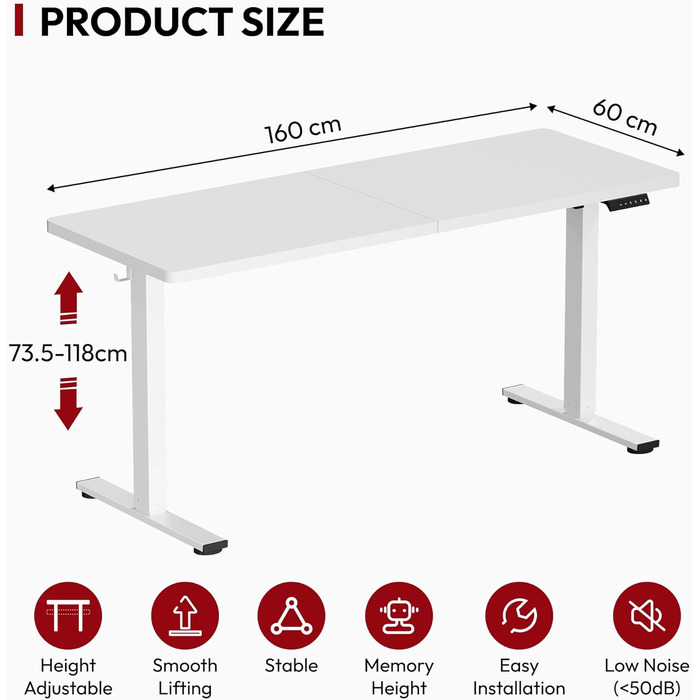 Стол для роботи Sanodesk 160x60 см, регульована висота, електричний, ергономічний, з пам'яттю, білий