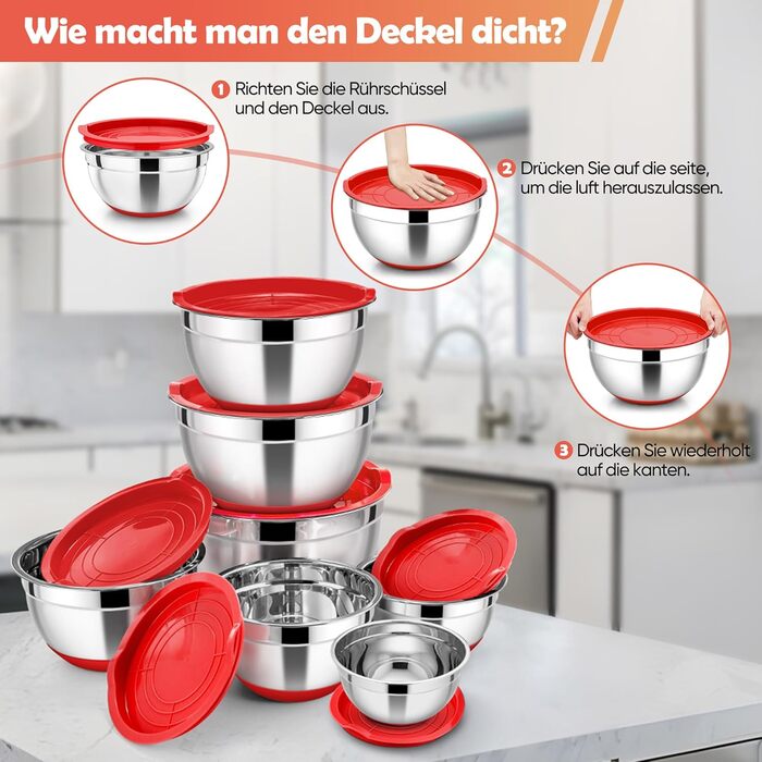 Набір місок HaWare з нержавіючої сталі, 7 шт., з кришками, для приготування їжі, випічки, салатів, 6.5/4.5/3/2.5/1.5/1.2/0.7 л (червоний, силіконове дно)