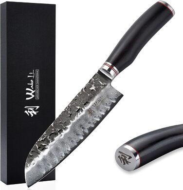 Японський ніж Santoku Wakoli EBO з дамаської сталі (серцевина VG10), 17,5 см - гострий ніж для кухні та приготування їжі, преміум-якість, з дерев'яною ручкою з дуба, у подарунковій коробці