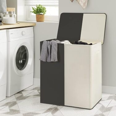 WOWLIVE Кошик для білизни 154L з кришкою, розкладний, 2 секції, з ручками, чорний+бежевий