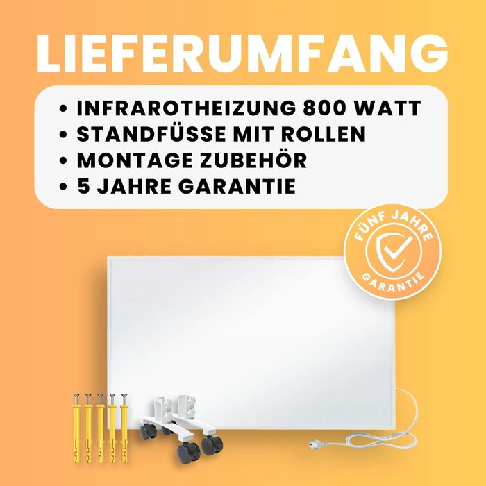 Інфрачервовий обігрівач BR Bringer Standgerät 800W - Економний, Мобільний, з роліками, 5 років гарантія, TÜV, Німецька якість (білий)