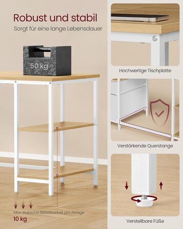 Комп'ютерний стіл VASAGLE з 3 полицями та 2 ящиками, 140 x 60 x 76 см, для офісу та вітальні, сучасний стиль, колір: natureichenfarben + perlweiß