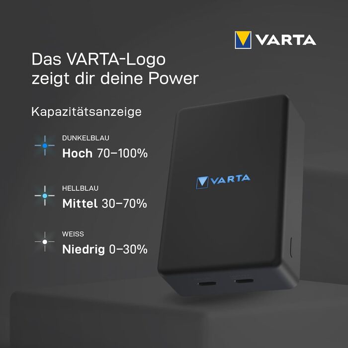 Повербанк і бездротовий зарядний пристрій VARTA 2in1, 15000 мАг, LED-дисплей, 4 пристрої, в т.ч. кабель USB-C, сірий