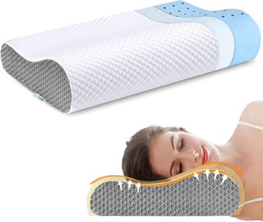 Ергономічна подушка з ефектом пам'яті Memory Foam для шиї та голови, ортопедична підтримка HWS для сну на боці та спині, з гігієнічним чохлом з бамбука (Білий)