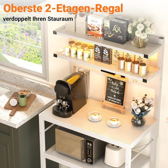 Кухонна полиця-стійка з розеткою, підставка для мікрохвильовки, 5-ярусна кавобар станція з LED-підсвічуванням, полиця для спецій, каструль та сковороди (60 см, білий)