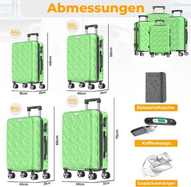 Набір дорожніх валіз KESSER з ABS-пластику, 4 предмети: жорсткі валізи з кодовим замком, вагами та гаманцем, колеса 360°, колір Apple Green