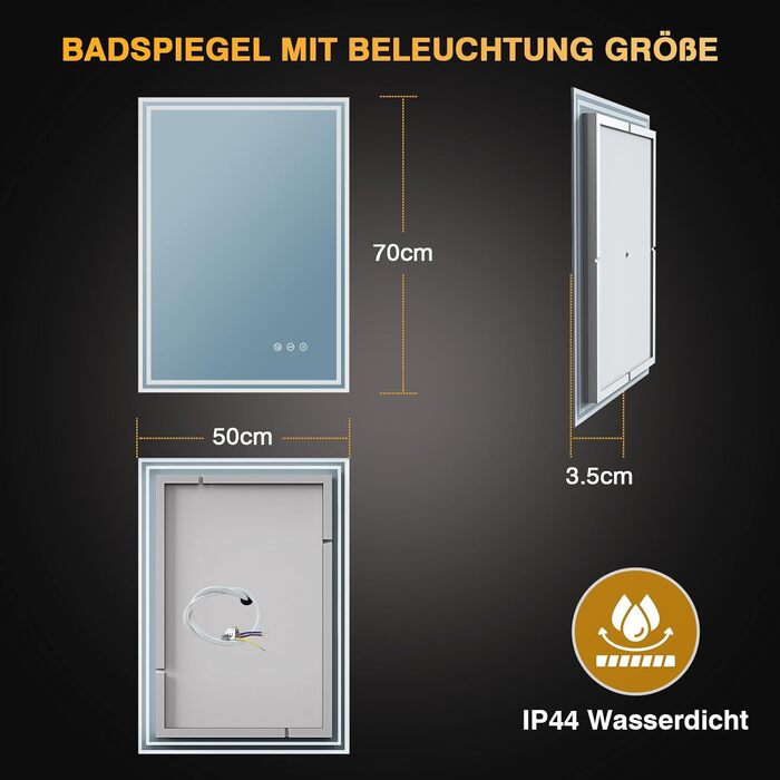 LED дзеркало для ванної кімнати з підсвічуванням 50x70 см, 3 кольори світла, регулювання яскравості, проти запотівання, сенсорне/кнопкове керування