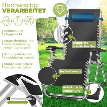 Крісло-шезлонг KESSER® для саду, розкладне, водостійке, 200 кг, широке, з регульованою спинкою, з подушкою та підстаканником (темно-синій)