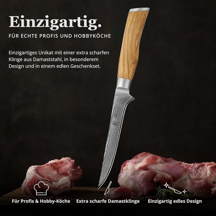 Ніж кухарський Wakoli з дамаської сталі (серцевина VG10) з 20 см лезом – гострий та збалансований – ніж з ручкою з оливкового дерева в подарунковій коробці – ніж кухарський з дамаської сталі для професійних та аматорських кухарів (ніж для обробки м'яса)